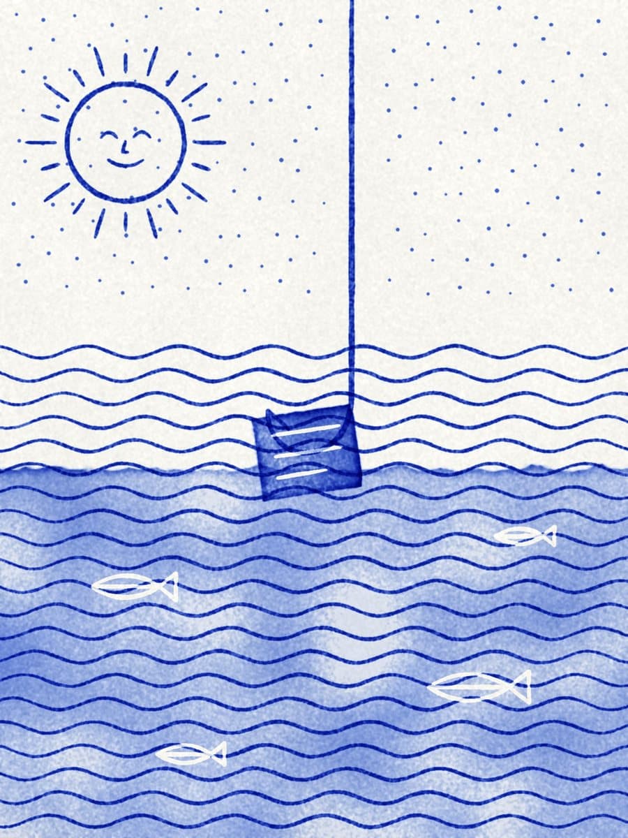 满幅海浪里，一枚鱼钩钓起一页纸