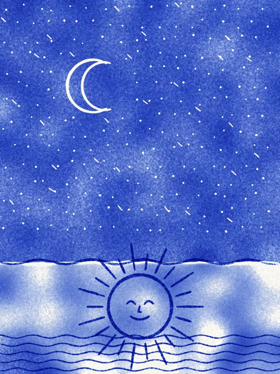 深蓝夜空下，地平线上升起笑脸太阳