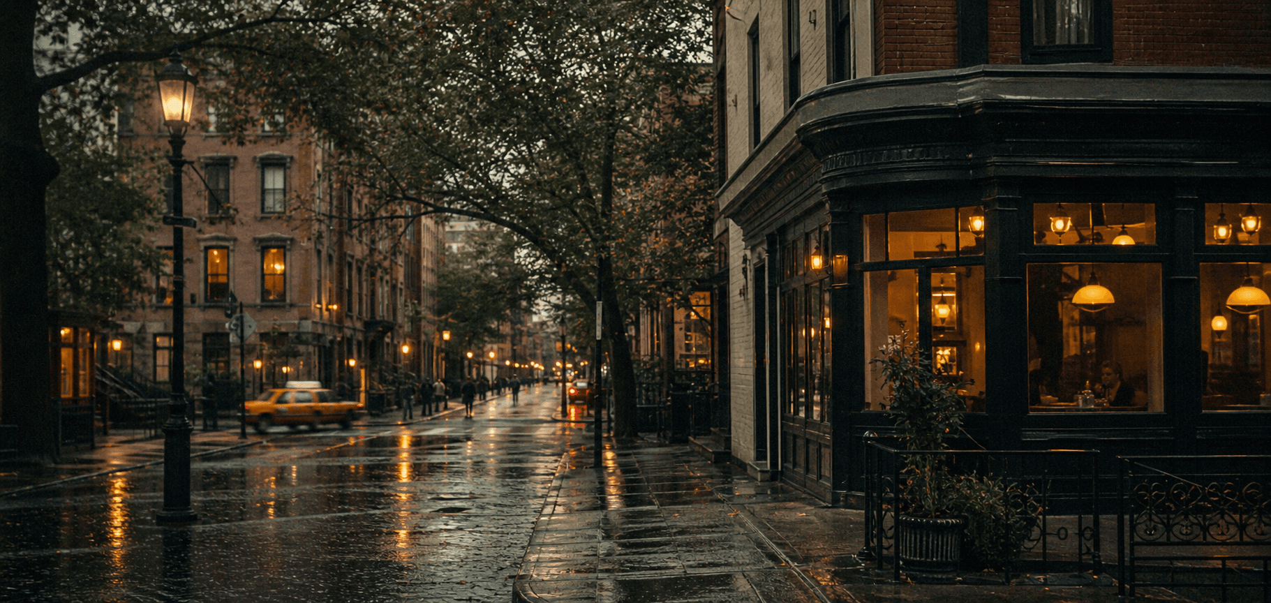 Rainy West Village street with warm cafe windows, brownstones, and a yellow taxi
