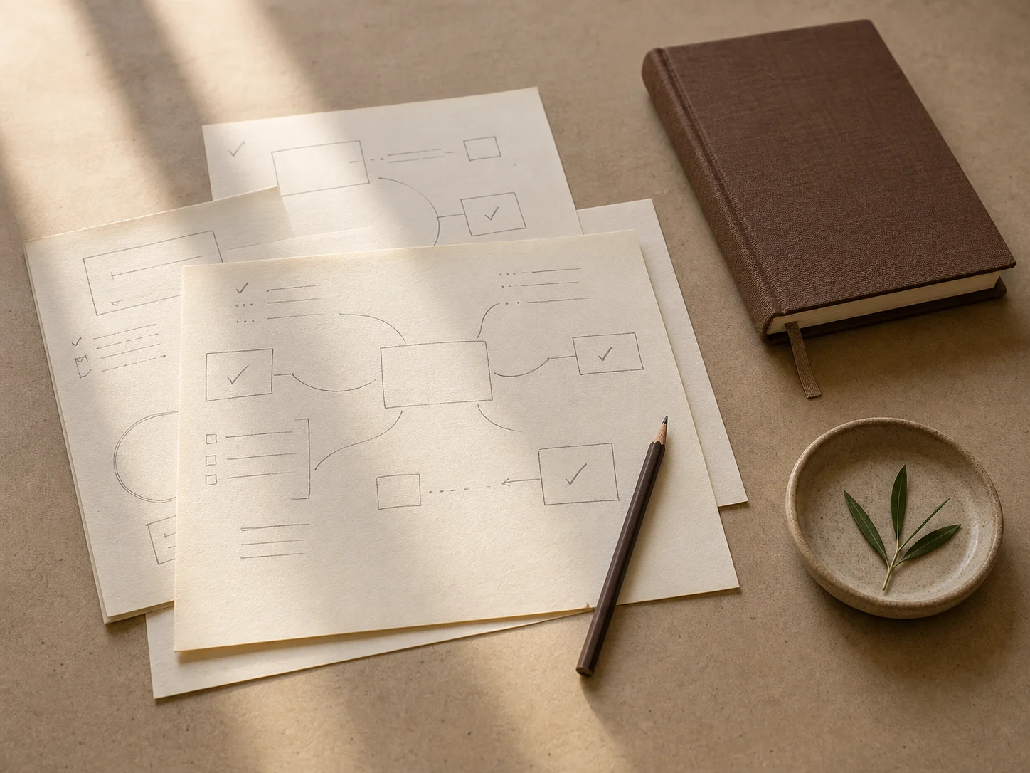 Paper decision map, pencil, linen ledger, and ceramic dish in warm window light.